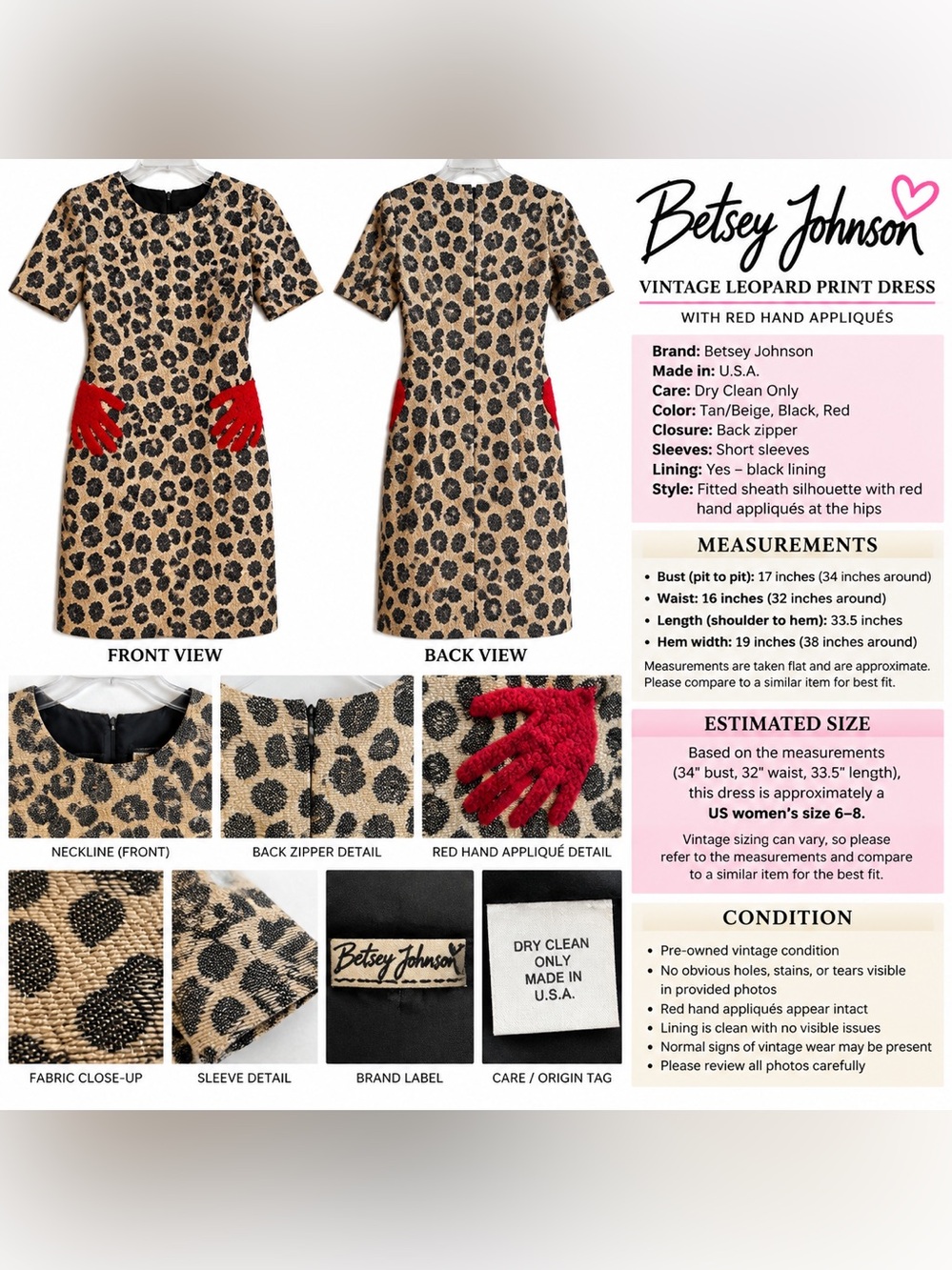 Vintage Betsey Johnson Leopard Print Dress Red Hand Appliqués Made USA-6